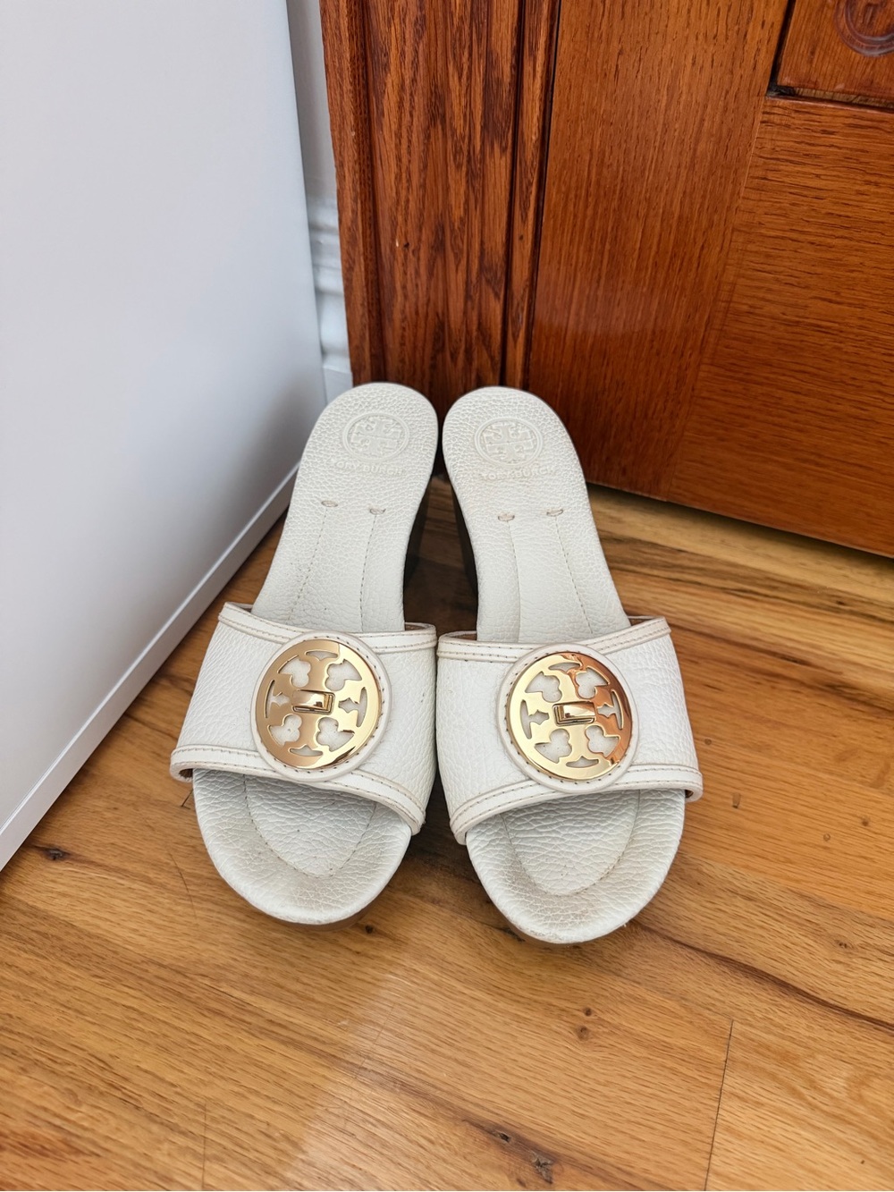 Tory Burch Cream Slide Mules with Gold Logo Medallion
